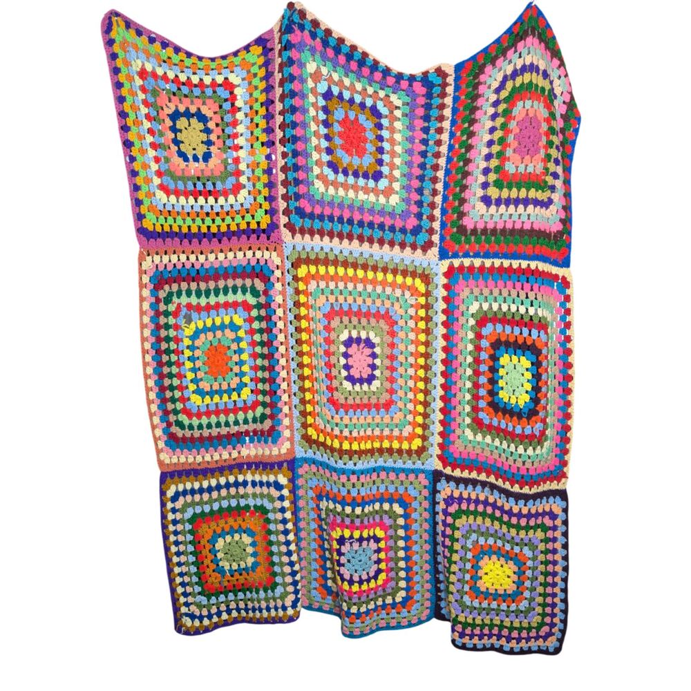 Vintage Granny Square Afghan Throw Blanket 60 X 64 Rainbow Colorful Boho Indie